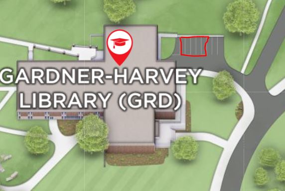 Map of Gardner-Harvey Library Accessible Parking Spots in small parking lot to the right of the library front entrance.